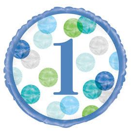 Blue Dots 1st Birthday Round Foil Balloon 18", Packaged