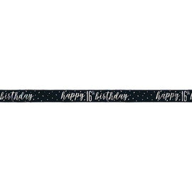 1 9ft Glitz Black & Silver Foil Banner "Happy 16th Birthday"