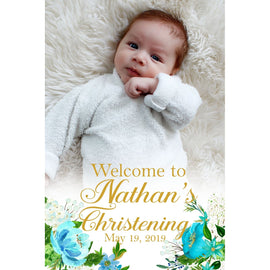 Customizable Yard Sign / Lawn Sign Welcome Christening Photo Backdrop Blue Flower