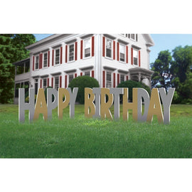 Happy Birthday Letters Lawn Yard Sign Silver & Gold