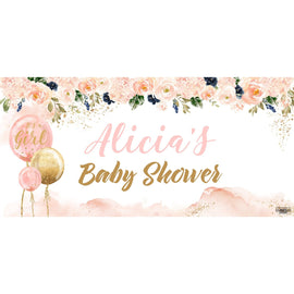 Banner - Custom Deluxe Baby Shower Pink Flowers & Balloons