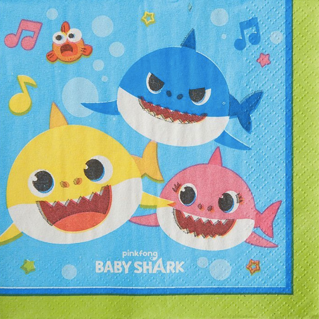 Colorful Baby Shark party plates featuring playful shark characters, perfect for any celebration from Pinkfong.