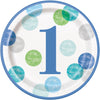 Plates - Dinner, Blue Dots, 1st Birthday, Round, 9", 8 Count