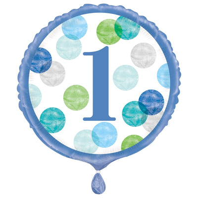 Balloon - Foil, Blue Dots, 1st Birthday, Round, 18"