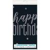 Table Cover - Plastic, Glitz Black & Silver, "Happy Birthday", 54" x 84"