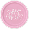 Plates - Dinner, Pink Hearts, Baby Shower, Round, 9", 8 Count