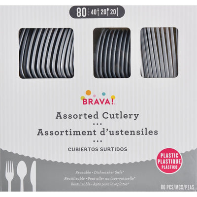 Reusable Plastic Cutlery Assortment, Mid Count. - Silver