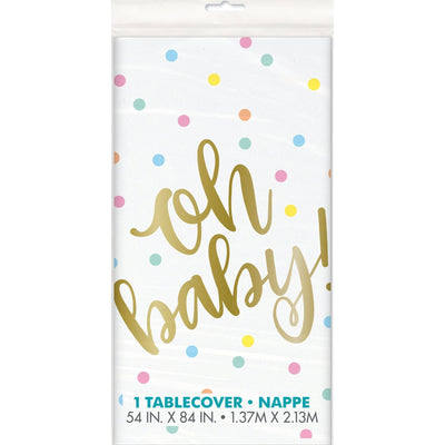 Table Cover - Plastic, Gold, Baby Shower, "Oh Baby", Rectangular, 54" x 84"