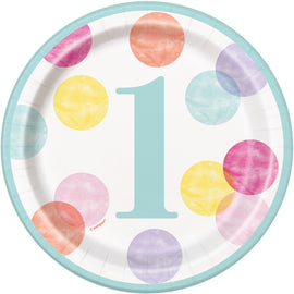 Pink Dots 1st Birthday Round 7" Dessert Plates, 8ct