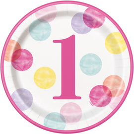 Pink Dots 1st Birthday Round 9" Dinner Plates, 8ct