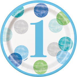 Blue Dots 1st Birthday Round 7" Dessert Plates, 8ct