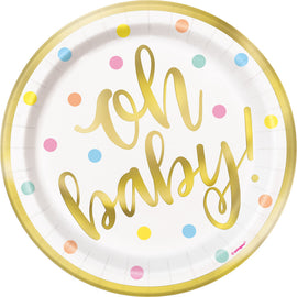 "Oh Baby" Gold Baby Shower Round 7" Dessert Plates, 8ct - Foil Board