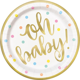 "Oh Baby" Gold Baby Shower Round 9" Dinner Plates, 8ct - Foil Board
