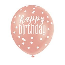 6 12" Glitz Rose Gold Latex Balloons "Happy Birthday"