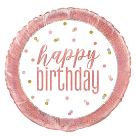 18" Glitz Rose Gold Round Foil Balloon Packaged "Happy Birthday"