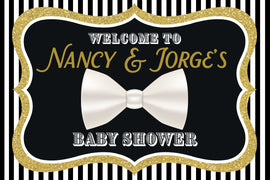 Customizable Yard Sign / Lawn Sign Welcome Baby Shower Black/White Bow Tie/Gold Landscape