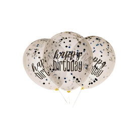 6 12" Clear Printed Glitz "Happy Birthday" Balloons with Confetti, Black & Silver