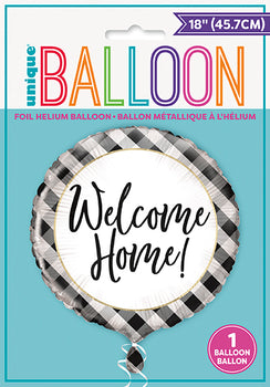 Black Gingham Welcome Home Round Foil Balloon 18", Package