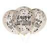 6 12" Clear Printed Glitz " Happy Birthday" Balloons With Confetti, Black & Silver