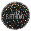 Black Rainbow Dot Happy Birthday Round Foil Balloon 18", Packaged