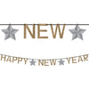 Happy New Year Ribbon Banner W/Glitter Paper Letters - Silver & Gold