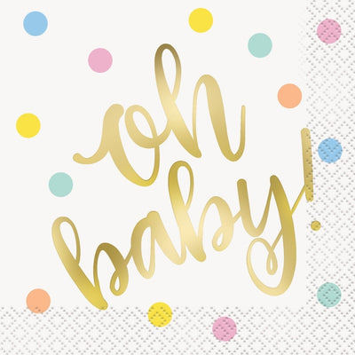 "Oh Baby" Gold Baby Shower Beverage Napkins, 16 Count - Foil Stamped