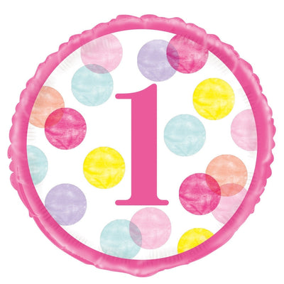 Pink Dots 1St Birthday Round Foil Balloon 18", Packaged