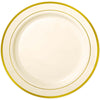 Cream Premium Plastic Round Plates With Gold Trim, 7 1/2"