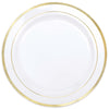 White Premium Plastic Round Plates With Gold Trim, 7 1/2"