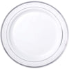 White Premium Plastic Round Plates With Silver Trim, 7 1/2"